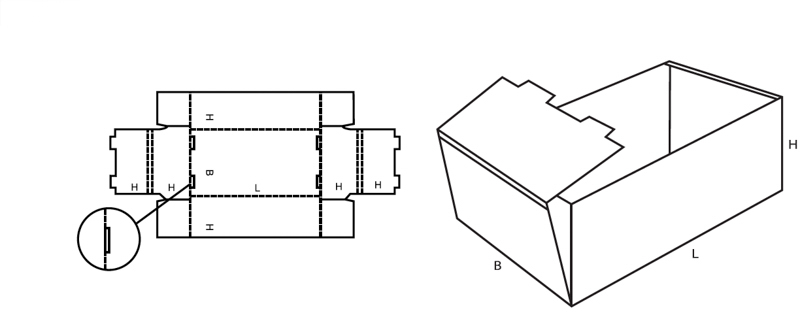 Krempelverpackung Fefco 0422 mit doppelter Stirnseite technische Zeichnung